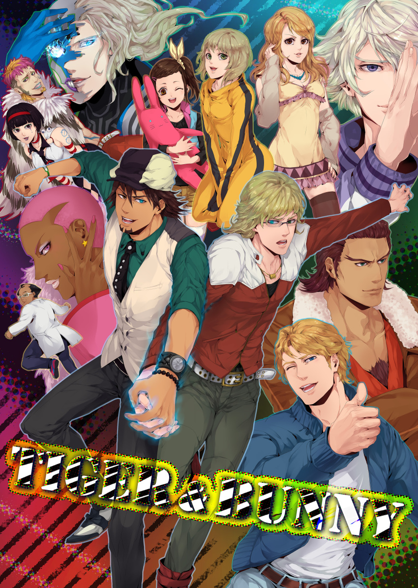 4girls 6+boys absurdres antonio_lopez bare_shoulders barnaby_brooks_jr. belt black_hair blonde_hair blue_eyes blue_fire bob_cut boots bowler_hat braid braided_bangs brown_eyes brown_hair brown_legwear bruce_lee's_jumpsuit cabbie_hat chest_hair coat commentary_request dark_skin denim detached_sleeves earrings eyelashes facial_hair facial_mark fire fur_coat glasses glowing glowing_eyes goatee green_eyes grey_hair hair_ornament hairband hairclip hat heterochromia highres holding_hands huang_baoling interlocked_fingers ivan_karelin jacket jake_martinez jeans jewelry kaburagi_kaede kaburagi_t._kotetsu kamizawa_(sark) karina_lyle keith_goodman kriem lab_coat letterman_jacket lipstick long_hair lunatic_(tiger_&_bunny) makeup mask multicolored_hair multiple_boys multiple_girls nail_polish nathan_seymour necklace necktie one_eye_closed orange_hair pale_skin pants pink_hair purple_eyes purple_jacket red_jacket saitou_(tiger_&_bunny) short_hair side_ponytail stubble studded_belt stuffed_animal stuffed_rabbit stuffed_toy superhero_costume surprised tattoo thighhighs thumbs_up tiger_&_bunny two-tone_hair v-neck vest waistcoat white_hair yuri_petrov zettai_ryouiki