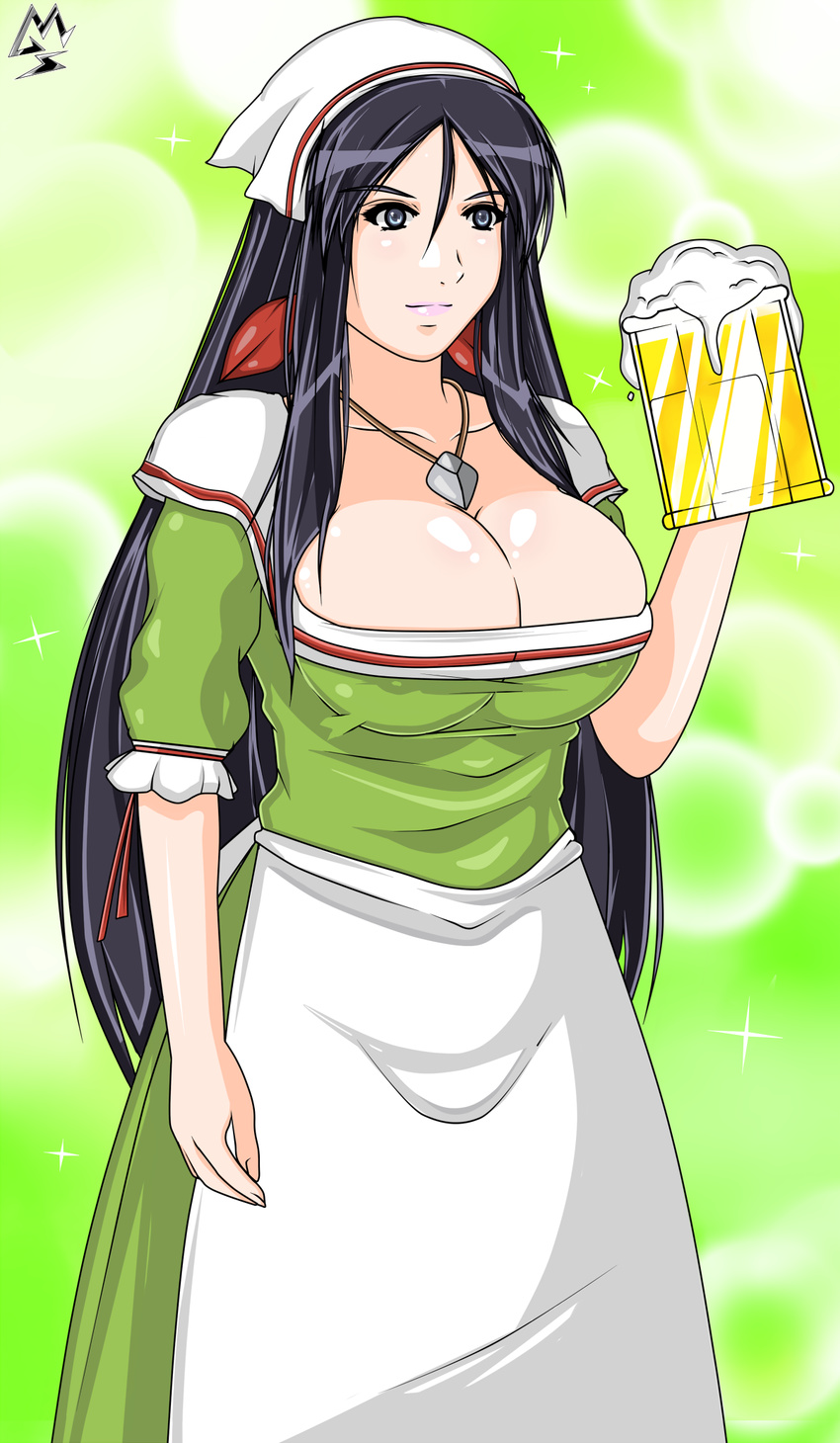 apron beer_mug black_hair blue_eyes breasts cellshadfan cleavage commentary_request cup female foam highres jessica_(zero_no_tsukaima) jewelry large_breasts mug necklace solo zero_no_tsukaima