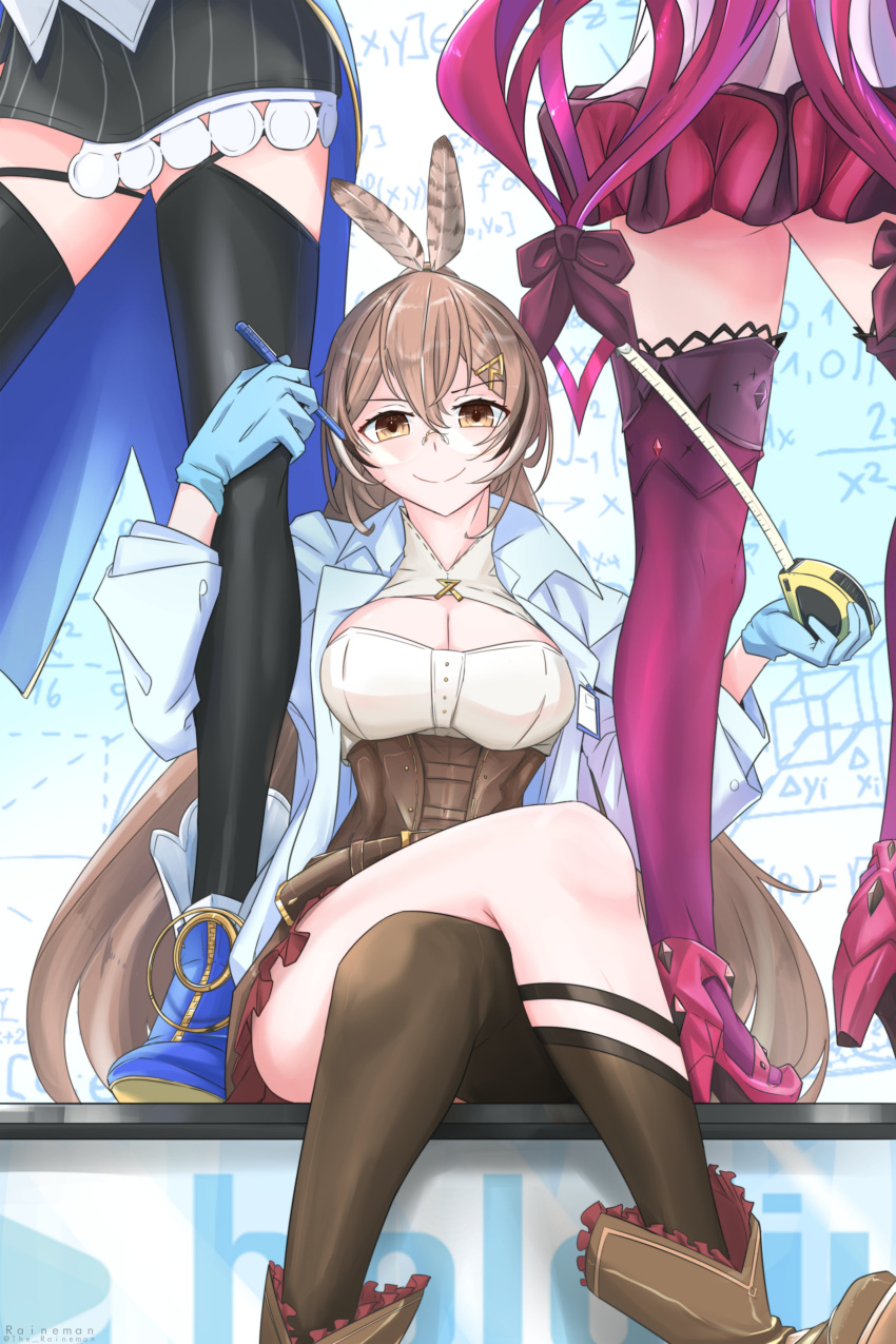 3girls absurdres ahoge black_thighhighs boots brown_corset brown_eyes brown_hair cleavage_cutout clothing_cutout corset crossed_legs dress feather_hair_ornament feathers frilled_dress frills gloves hair_ornament hairclip highres hololive hololive_english irys_(hololive) irys_(irys_2.0)_(hololive) lab_coat legs long_hair multicolored_hair multiple_girls nanashi_mumei nanashi_mumei_(1st_costume) ouro_kronii ouro_kronii_(1st_costume) pen ponytail purple_hair purple_thighhighs red_hair shirt streaked_hair tape_measure the_raineman thighhighs two-tone_hair very_long_hair virtual_youtuber white_dress white_shirt