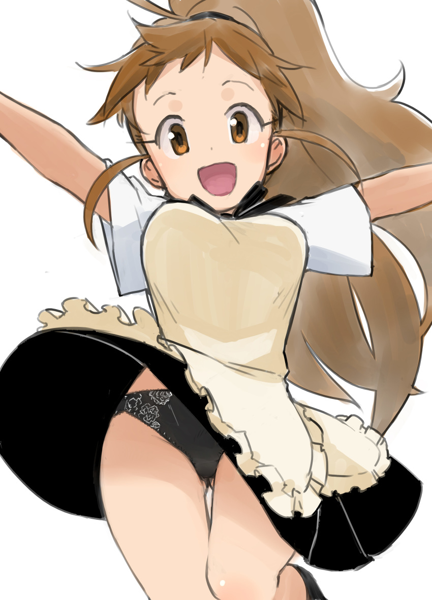 :d absurdres apron ass_visible_through_thighs beige_apron black_legwear black_panties black_skirt breasts brown_eyes brown_hair employee_uniform female frilled_apron frills hamahara_yoshio highres jumping long_hair looking_at_viewer open_mouth panties pantyshot ponytail shirt simple_background skirt skirt_lift smile socks solo taneshima_popura thigh_gap underwear uniform wagnaria_uniform waitress white_background white_shirt wind wind_lift working!!