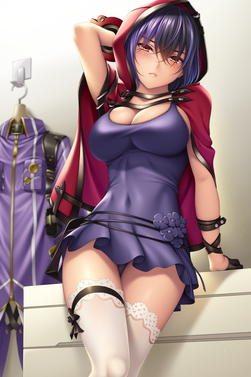 absurdres arm_at_side arm_behind_head arm_up black_hair black_ribbon blush breasts cape cleavage closed_mouth collarbone commentary_request covered_navel cowboy_shot dress eyelashes female god_eater god_eater_resonant_ops hair_between_eyes half-closed_eyes head_tilt highres hood hood_up hooded_cape lace lace-trimmed_legwear lace_trim leg_ribbon legs_together looking_at_viewer medium_breasts medium_hair multicolored_hair orange_eyes panties pantyshot purple_dress purple_hair purple_panties reclining red_cape red_eyes ribbon sera_kisaragi short_dress sleeveless sleeveless_dress solo standing thigh_strap thighhighs two-tone_hair underwear upskirt watanuki_kaname white_thighhighs wrist_cuffs