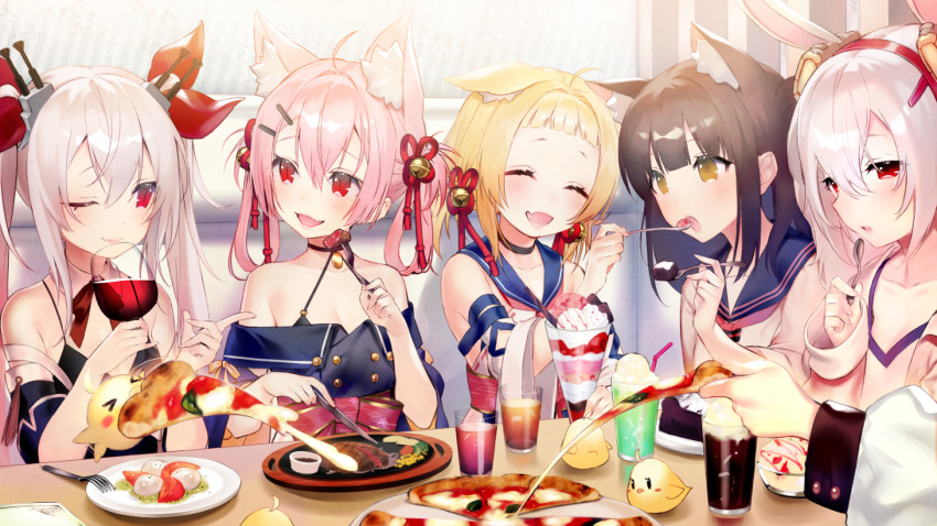 animal animal_ears anthro ariake_(azur_lane) azur_lane bird blonde_hair brown_hair bunny_ears catgirl food group hatsushimo_(azur_lane) hmas_vampire_(azur_lane) ice_cream laffey_(azur_lane) long_hair orange_eyes pink_hair pizza red_eyes ribbons school_uniform shirako_sei shirt short_hair twintails waifu2x white_hair yuugure_(azur_lane)