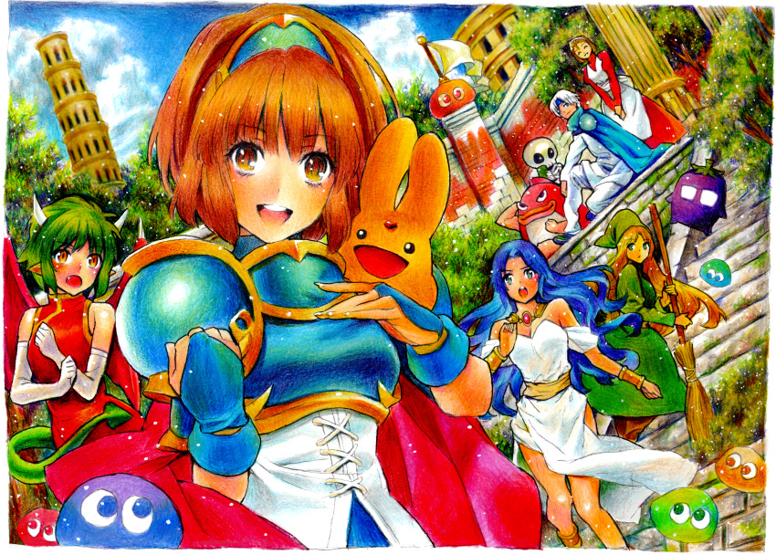 1boy 5girls arle_nadja armor blue_hair breastplate broom brown_eyes brown_hair cape carbuncle_(puyopuyo) china_dress chinese_clothes commentary_request draco_centauros dress elbow_gloves flag gloves green_hair hairband hat headband highres horns kikimora_(puyopuyo) long_hair multiple_girls nasu_grave nobita_(makoto7060355) oerba_yun_fang open_mouth puyo_(puyopuyo) puyopuyo puyopuyo~n rulue_(puyopuyo) schezo_wegey short_hair sitting skeleton_t smile stairs suketoudara tail tower traditional_media witch_(puyopuyo)