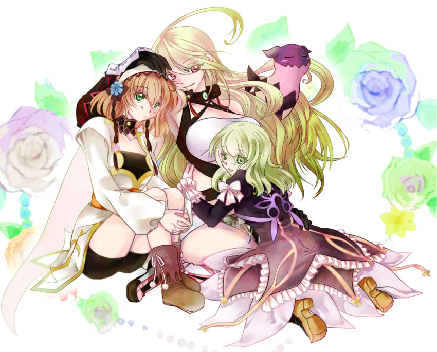 3girls bike_shorts blonde_hair blue_flower blue_rose boots bow brown_hair commentary_request creature detached_collar dress elize_lutus flower green_eyes green_flower green_rose hairband hand_on_head kneeling koougi leia_rolando long_hair milla_maxwell multicolored_flower multicolored_rose multiple_girls purple_flower purple_rose red_eyes ribbon rose shirt short_hair sitting smile strapless tales_of_(series) tales_of_xillia taut_clothes taut_shirt teepo_(tales) tube_top