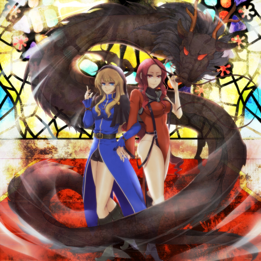 2girls blonde_hair blue_eyes crossover dragon female goenitz highres johann king_of_fighters m.u.g.e.n midnight_bliss multiple_girls rage_of_the_dragons red_eyes red_hair rule_63 snk