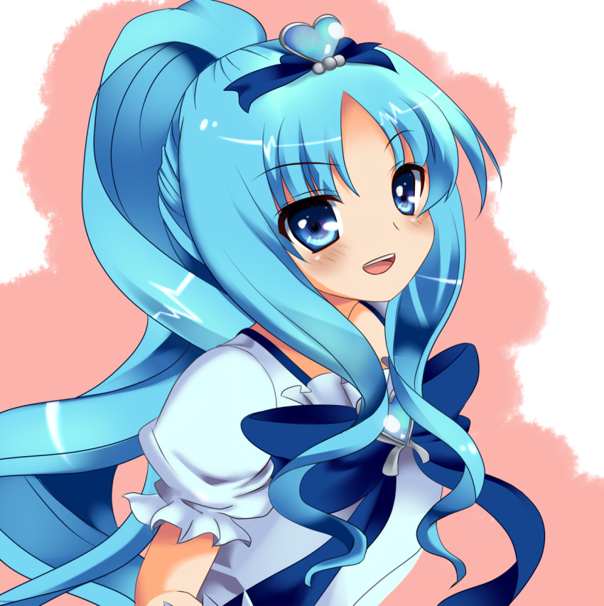 alternate_hairstyle blue_eyes blue_hair brooch choker commentary_request cure_marine dress female heart heart_brooch heartcatch_precure! highres jewelry kaniya_shiku kurumi_erika long_hair magical_girl open_mouth pink_background ponytail precure ribbon smile solo wrist_cuffs