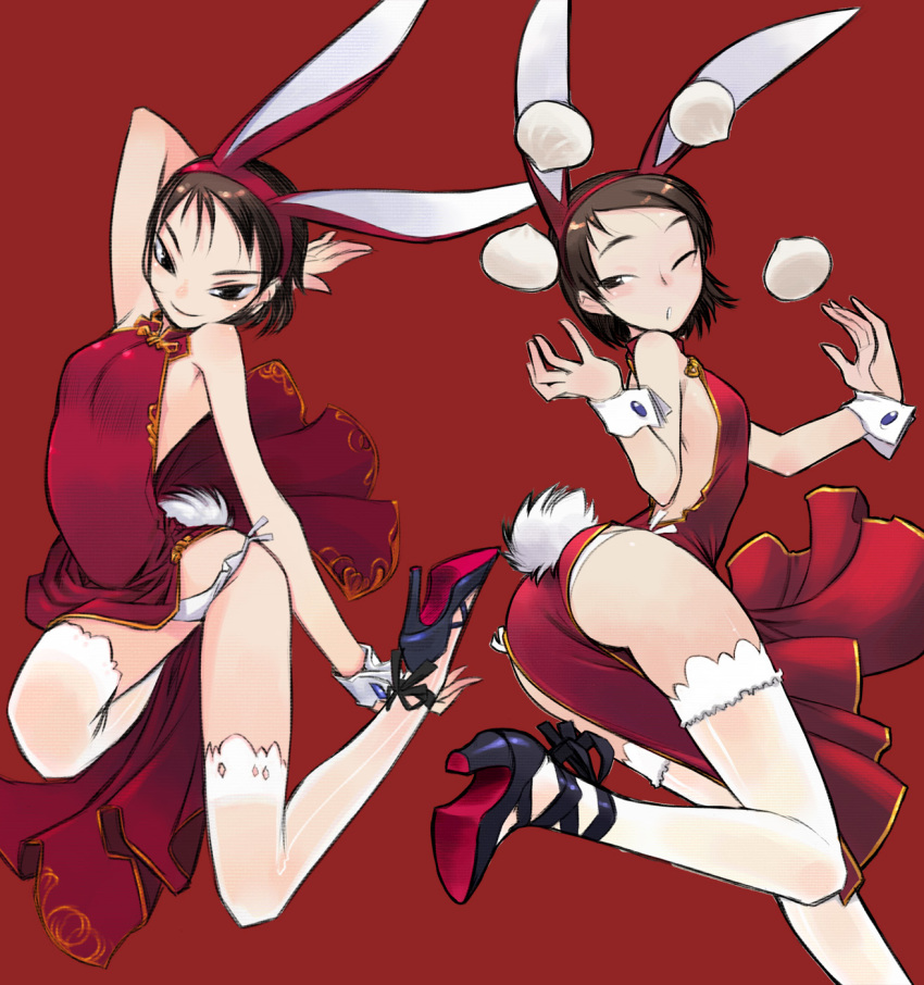 2girls animal_ears arm_up ass baozi bare_shoulders brown_eyes brown_hair china_dress chinese_clothes commentary_request cross-laced_footwear dress fake_animal_ears food hairband high_heels highres juggling lace lace-trimmed_legwear lace_trim multiple_girls nakamura_tetsuya one_eye_closed original panties pantyshot photoshop_(medium) rabbit_ears rabbit_tail red_background shoes short_hair side-tie_panties simple_background smile tail thighhighs underwear white_legwear white_panties wrist_cuffs