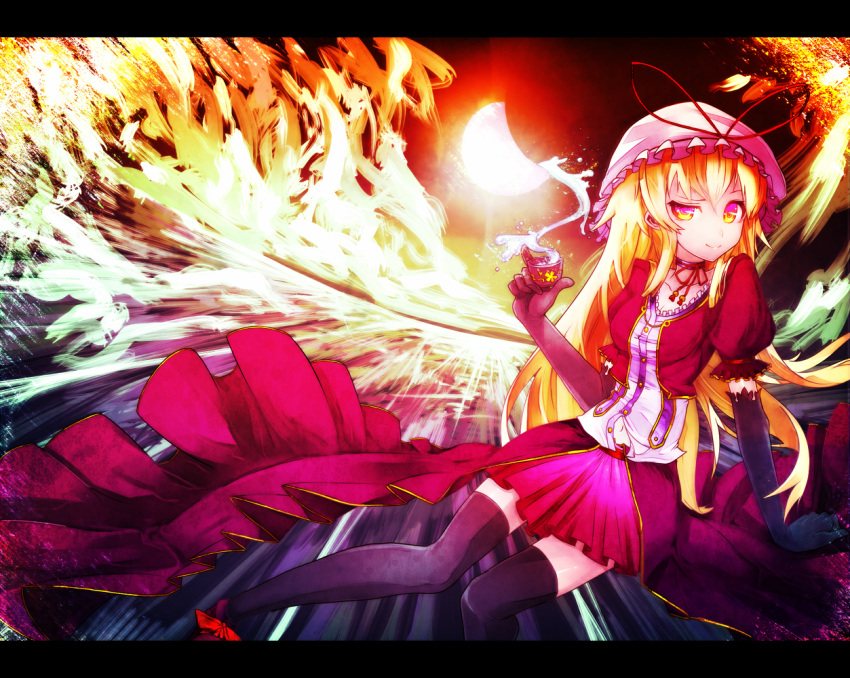 alternate_costume arm_support bad_id bad_pixiv_id black_thighhighs blonde_hair cup dress eclipse elbow_gloves female gloves hat hat_ribbon kusakanmuri letterboxed long_hair looking_at_viewer purple_eyes ribbon shoes skirt smile solar_eclipse solo thighhighs touhou water yakumo_yukari