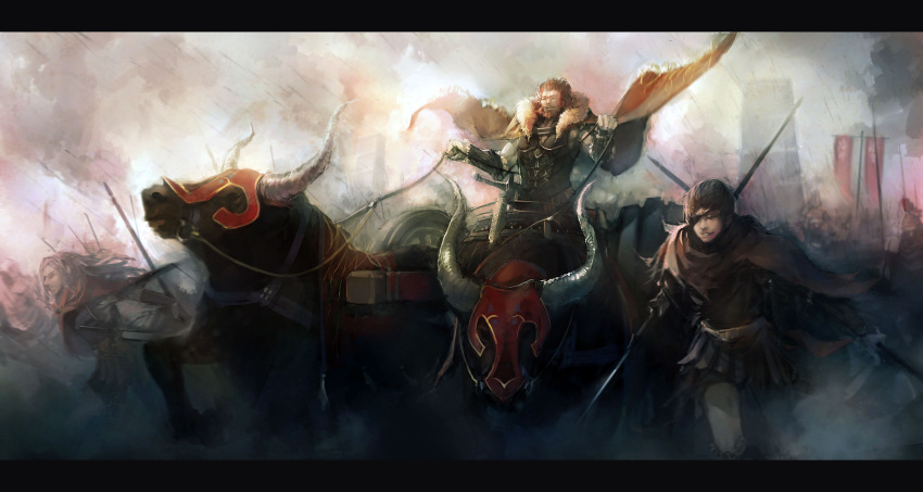 2boys armor bad_id bad_pixiv_id battle beard blueman brown_hair bull cape chariot eyepatch facial_hair fate/zero fate_(series) gordius_wheel_(fate) highres iskandar_(fate) letterboxed male_focus multiple_boys photoshop_(medium) polearm red_hair reins soldier spear weapon