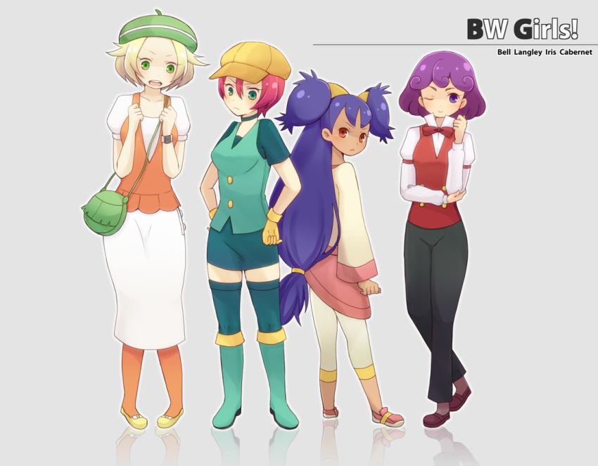 4girls aina123 bad_id bad_pixiv_id bag beret bianca_(pokemon) big_hair blonde_hair blue_eyes blue_hair burgundy_(pokemon) cabbie_hat character_name choker copyright_name fingerless_gloves formal georgia_(pokemon) gloves green_eyes handbag hat iris_(pokemon) long_skirt miniskirt multiple_girls pant_suit pants pantyhose pencil_skirt pokemon pokemon_(anime) pokemon_bw pokemon_bw_(anime) purple_hair reflective_floor short_hair shorts skirt suit thighhighs vest white_skirt