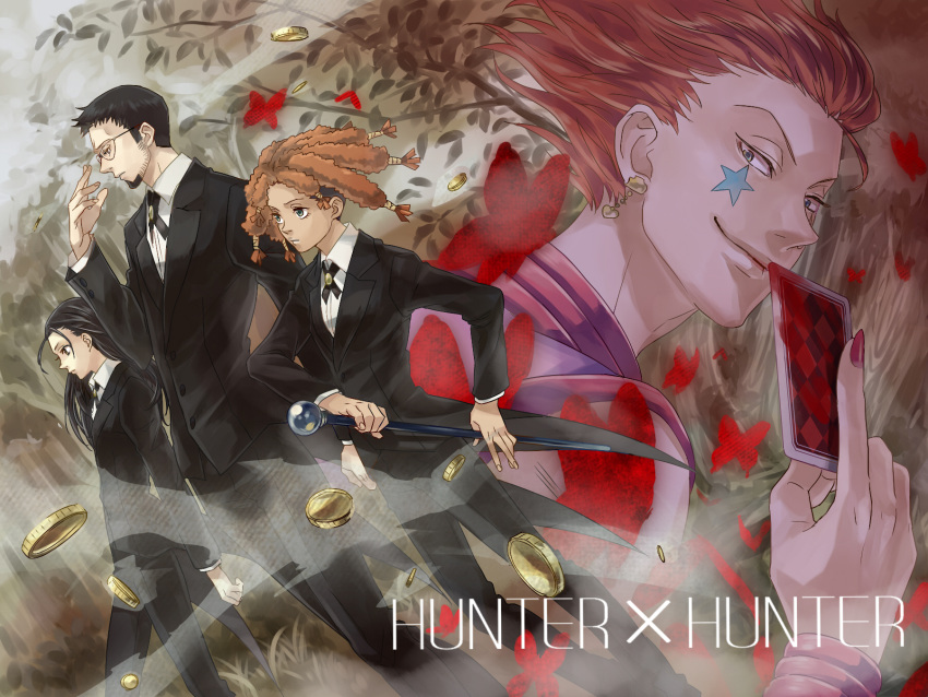 2boys 2girls amane_(hunter_x_hunter) butler canary_(hunter_x_hunter) card coin commentary_request female_butler formal gotoh_(hunter_x_hunter) highres hisoka_morow hunter_x_hunter multiple_boys multiple_girls orange_hair smile star_(symbol) suzaku_(zaku6584) tattoo