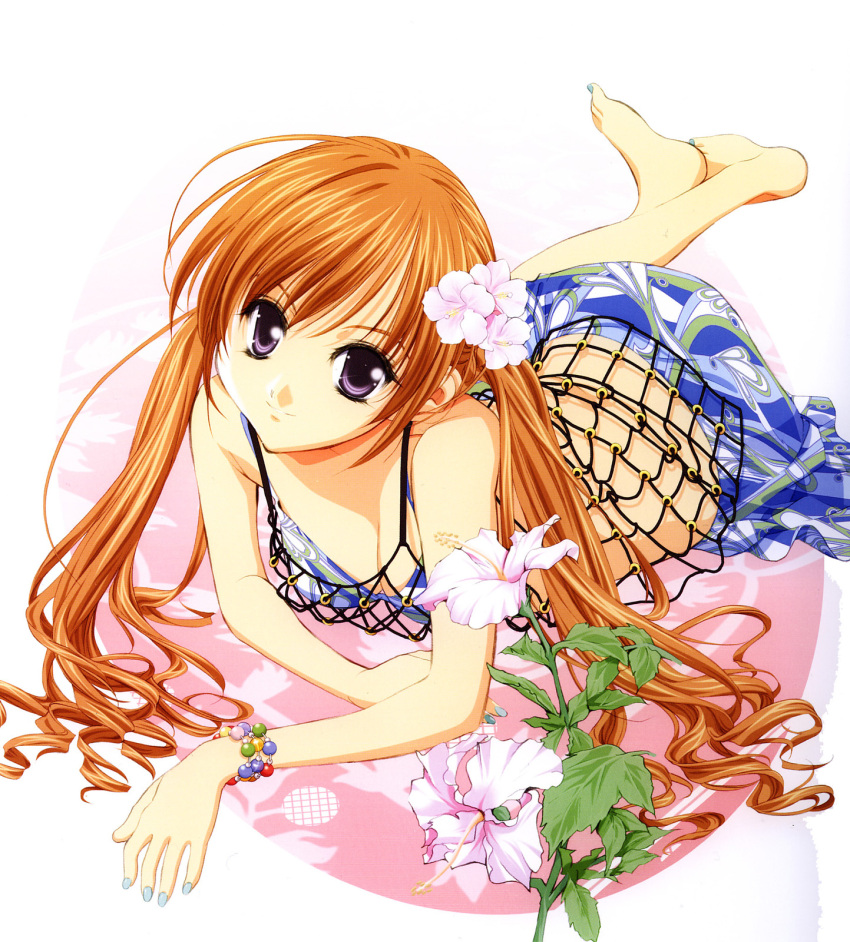 bad_link barefoot blue_sarong bracelet breasts brown_hair female fishnets flower hair_flower hair_ornament hibiscus highres jewelry leaf long_hair medium_breasts print_sarong purple_eyes sakuya_(sister_princess) sarong sister_princess tenhiro_naoto twintails