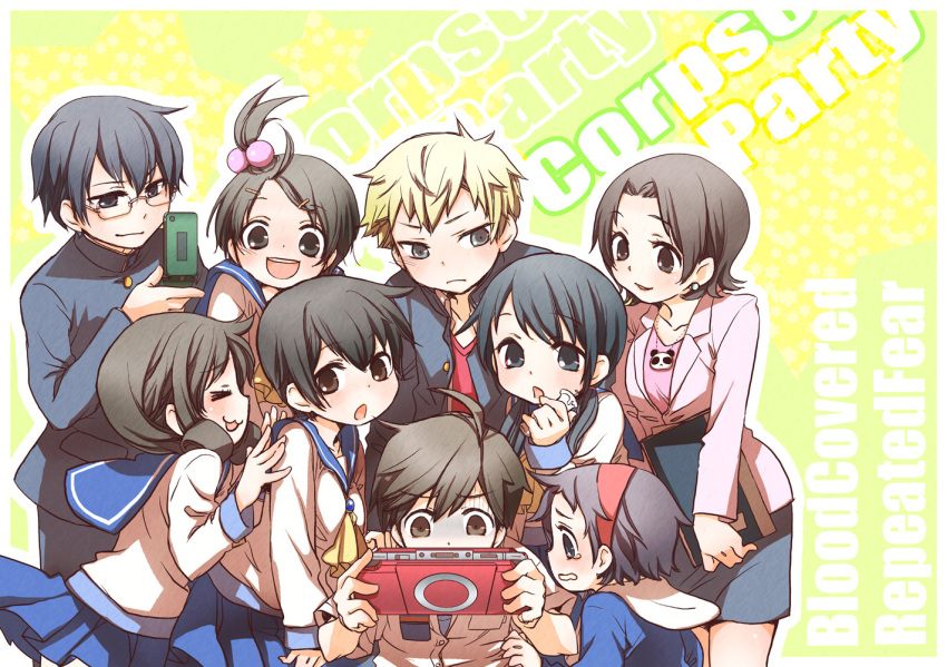 3boys 6+girls :3 alba_(ep) black_eyes black_hair blonde_hair brown_eyes brown_hair cellphone closed_eyes commentary_request corpse_party earrings glasses hair_bobbles hair_ornament hairclip handheld_game_console headband jewelry kishinuma_yoshiki mochida_satoshi mochida_yuka morishige_sakutarou multiple_boys multiple_girls nakashima_naomi necklace phone playstation_portable ponytail school_uniform serafuku shinohara_seiko shinozaki_ayumi shishido_yui suzumoto_mayu tears twintails