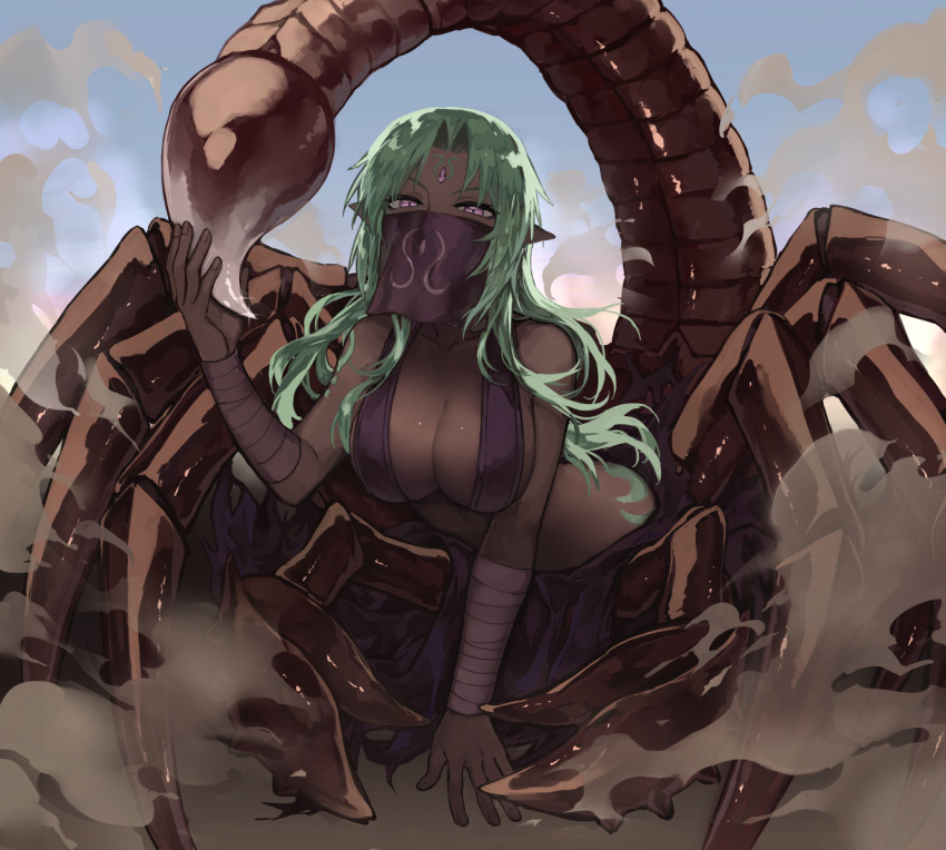 arthropod_girl bare_shoulders breasts collarbone commentary dark-skinned_female dark_skin day female forehead_jewel girtablilu_(monster_girl_encyclopedia) green_hair large_breasts long_hair looking_at_viewer monster_girl monster_girl_encyclopedia mouth_veil outdoors pointy_ears purple_eyes scorpion_girl scorpion_tail solo tail taur veil wrist_wrap zakirsiz