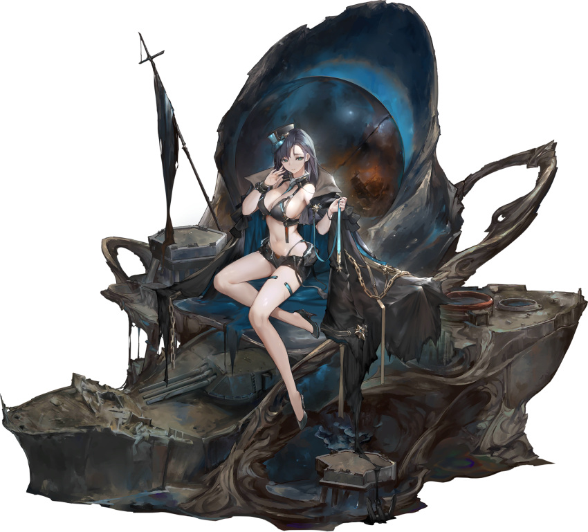 arizona_(azur_lane) arizona_(meta)_(azur_lane) azur_lane bikini black_bikini black_coat black_shorts breasts chains coat female green_eyes hat high_heels highres large_breasts long_hair mkiiiiii official_art open_clothes open_coat peaked_cap promotional_art shorts sitting swimsuit transparent_background turret