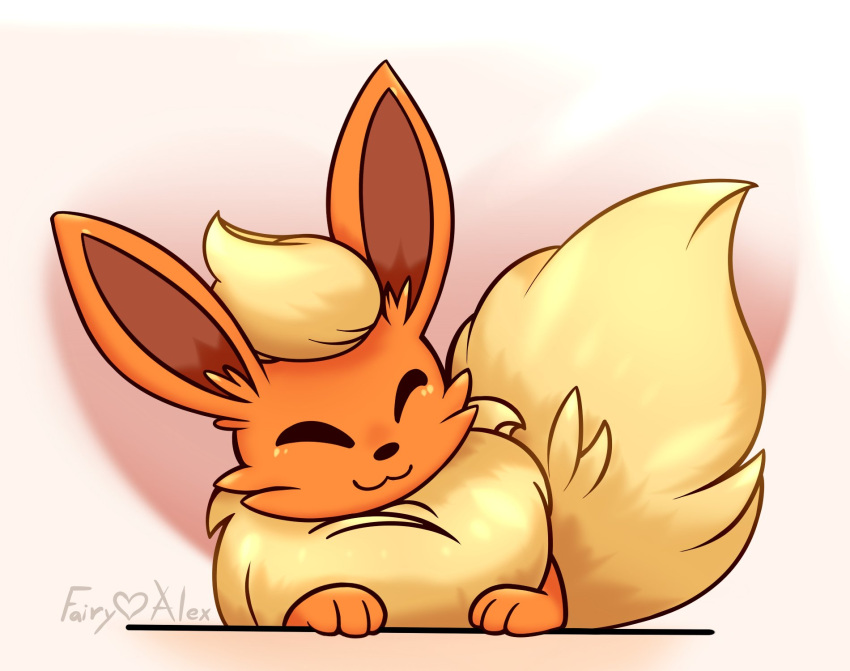 ambiguous_gender closed_eyes colored eeveelution fairylove777 feral flareon generation_1_pokemon happy head_tilt hi_res nintendo pokemon pokemon_(species) resting_arm shaded simple_background smile solo watermark white_background