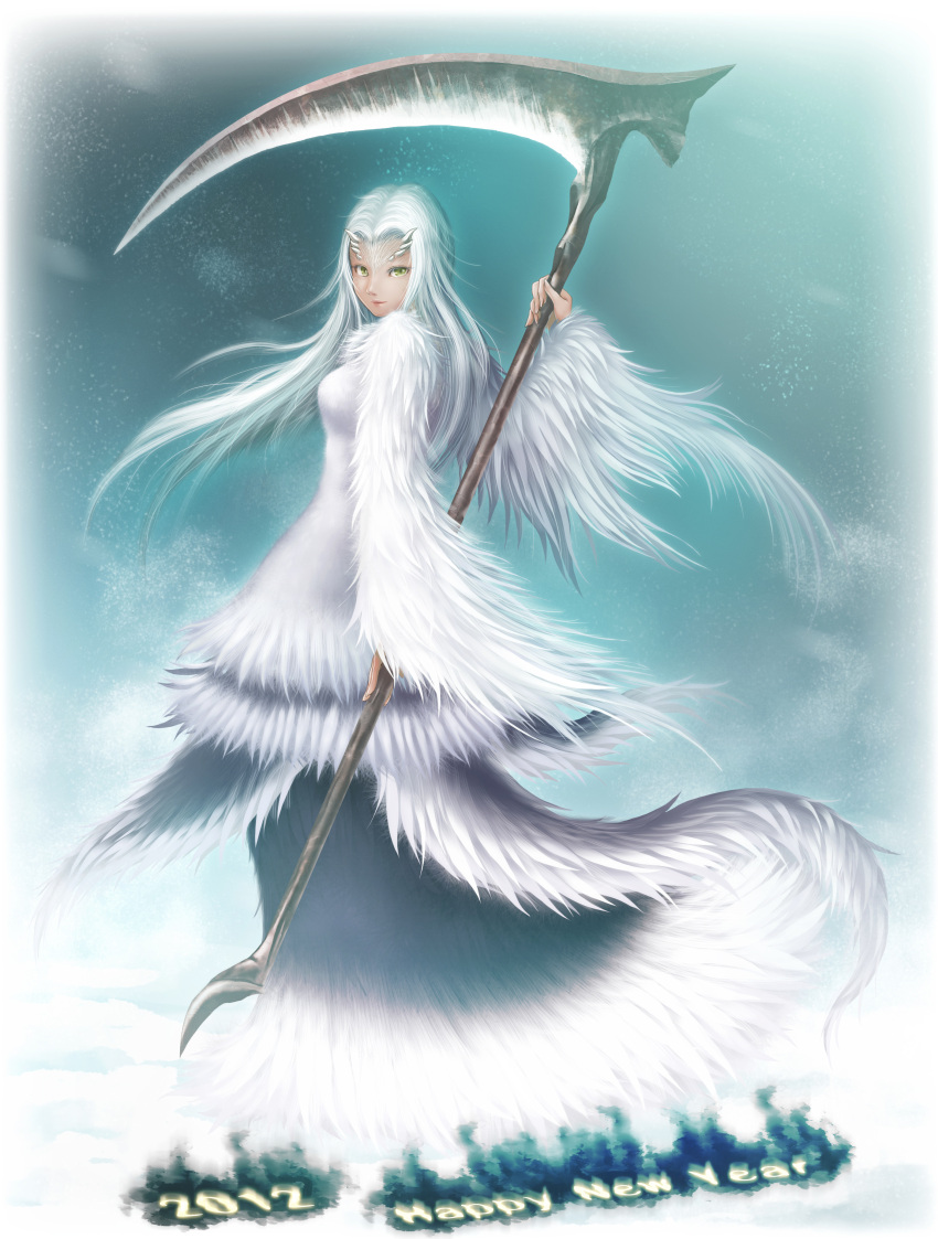 2012 :3 absurdres commentary_request dark_souls_(series) dark_souls_i dragon_girl female happy_new_year highres horns long_hair new_year photoshop_(medium) priscilla_the_crossbreed revision scythe solo sumi_no_hito tail white_hair