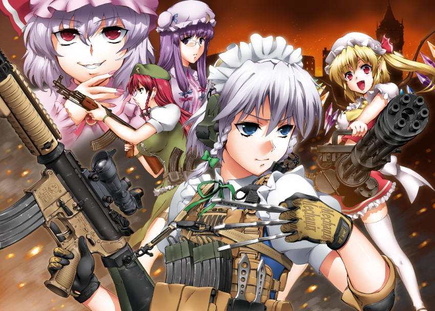 5girls acog ak-47 assault_rifle beret bespectacled between_fingers blonde_hair blue_eyes braid commentary_request crescent elbow_pads flandre_scarlet gatling_gun glasses gloves grey_hair gun gun_sling hat headset henshako highres holding hong_meiling izayoi_sakuya kalashnikov_rifle knife load_bearing_vest long_hair m134_minigun m16 m16a4 magazine_(weapon) maid maid_headdress military_operator minigun multiple_girls open_mouth patchouli_knowledge photoshop_(medium) purple_hair red_eyes red_hair remilia_scarlet rifle scope short_hair side_ponytail star_(symbol) thighhighs throwing_knife touhou trigger_discipline twin_braids type_56_assault_rifle weapon wings zettai_ryouiki