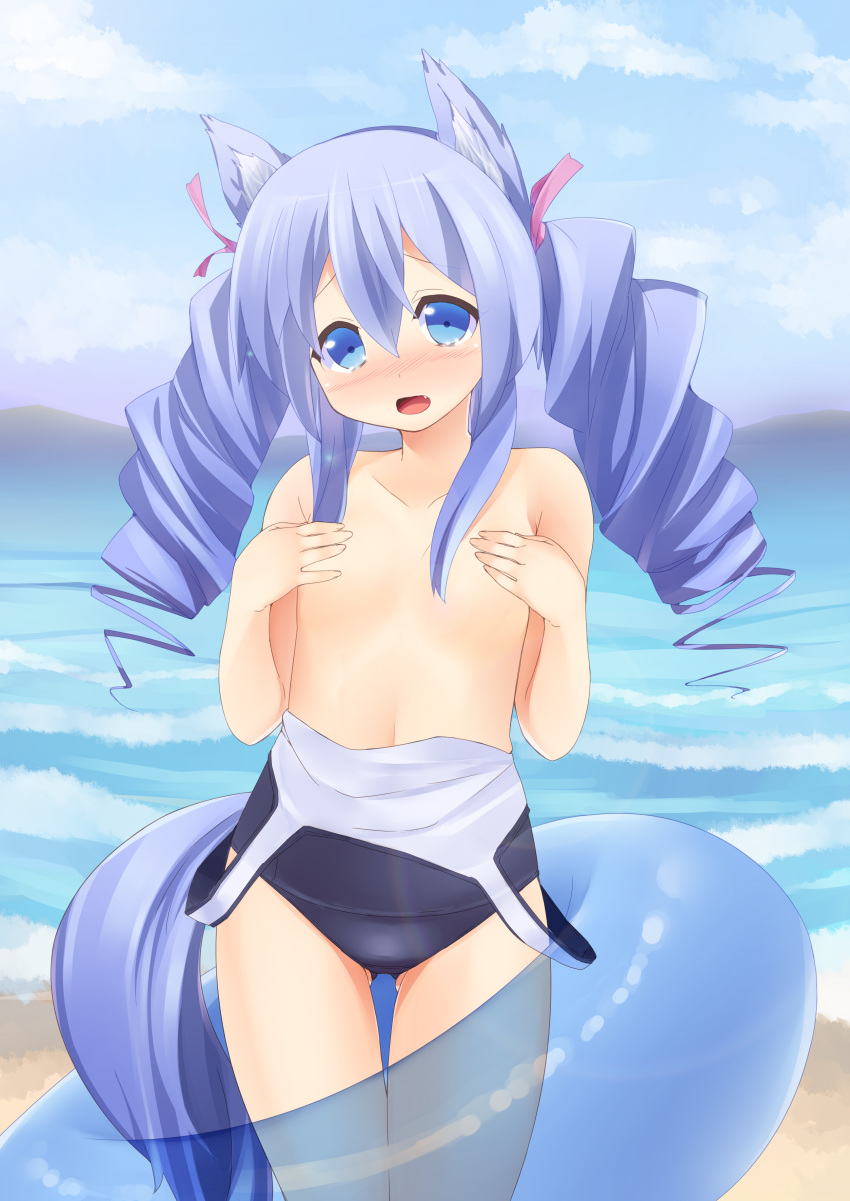 absurdres animal_ears beach blue_eyes blue_hair blush bow covering covering_breasts dog_ears dog_tail drill_hair fictional_persona flat_chest hairbow highres innertube long_hair nigo_(aozoragarou) nigou_(aozoragarou) ocean oerba_yun_fang one-piece_swimsuit open_mouth original school_swimsuit self-portrait smile swimsuit tail twin_drills twintails undressing