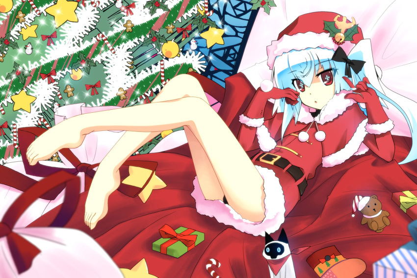 aqua_hair auer barefoot bili_girl_33 bilibili black_panties christmas christmas_tree feet feline female gift gloves hair_ribbon hat highres holly long_hair no_pants panties photoshop_(medium) red_eyes red_gloves ribbon santa_costume santa_hat side_ponytail snowman solo star_(symbol) stuffed_animal stuffed_toy symbol-shaped_pupils underwear