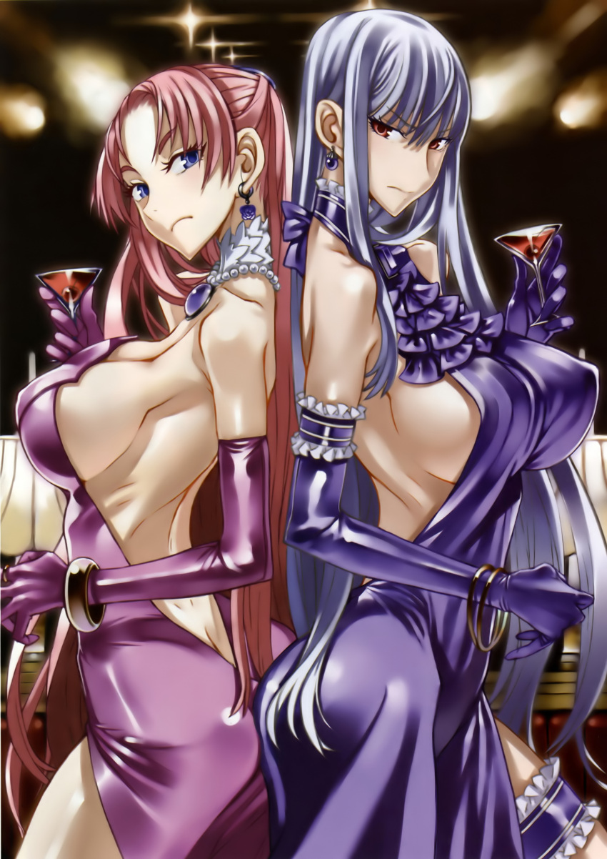 2girls absurdres ass-to-ass back-to-back backless_dress backless_outfit blue_eyes bracelet breasts bridal_garter brooch butt_crack cleavage cup dress drinking_glass earrings elbow_gloves gloves grey_hair halterneck highres honjou_raita huge_breasts jewelry juliana_eberhardt large_breasts long_hair looking_at_viewer multiple_girls necklace official_art parted_bangs pink_hair red_eyes selvaria_bles senjou_no_valkyria_(series) senjou_no_valkyria_1 senjou_no_valkyria_2 side_slit sideboob thighs wine_glass