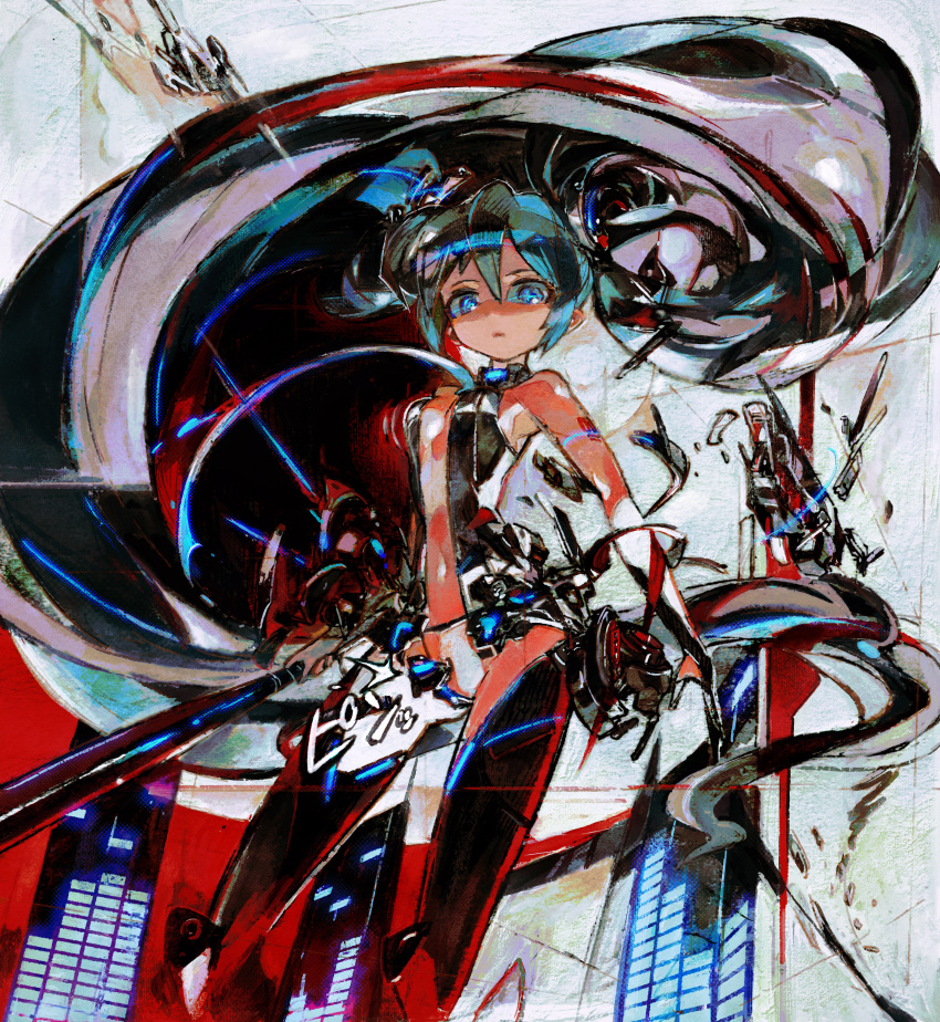 absurdres aqua_eyes closed_mouth commentary_request faux_traditional_media female hair_between_eyes has_bad_revision has_downscaled_revision hatsune_miku hatsune_miku_(append) highres jnt long_hair looking_at_viewer md5_mismatch navel photoshop_(medium) resolution_mismatch solo source_smaller thighhighs very_long_hair vocaloid vocaloid_append wardrobe_malfunction zettai_ryouiki