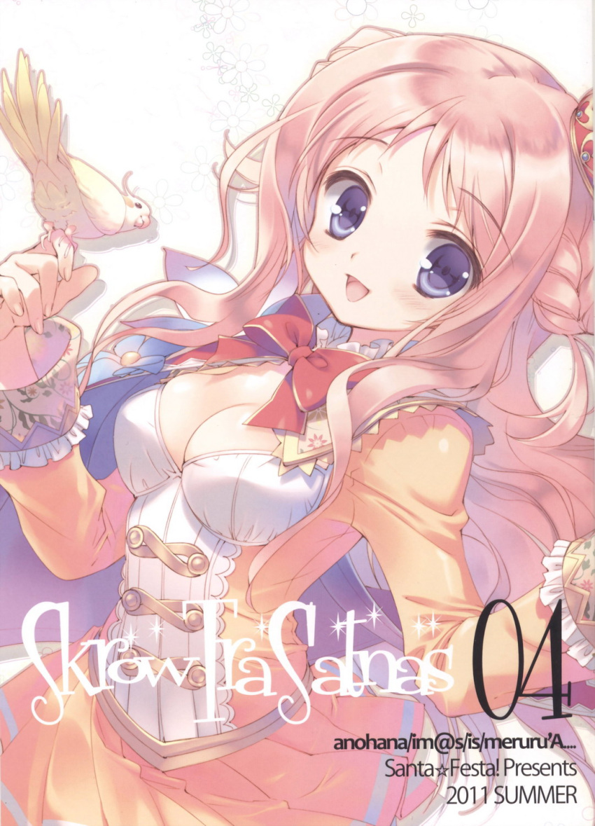 2011 :d arched_crown atelier_(series) atelier_meruru bad_link bird bird_on_hand bow breasts cleavage cockatiel cover cover_page crown dress female half_updo highres medium_breasts merurulince_rede_arls open_mouth red_bow red_crown santa_matsuri smile