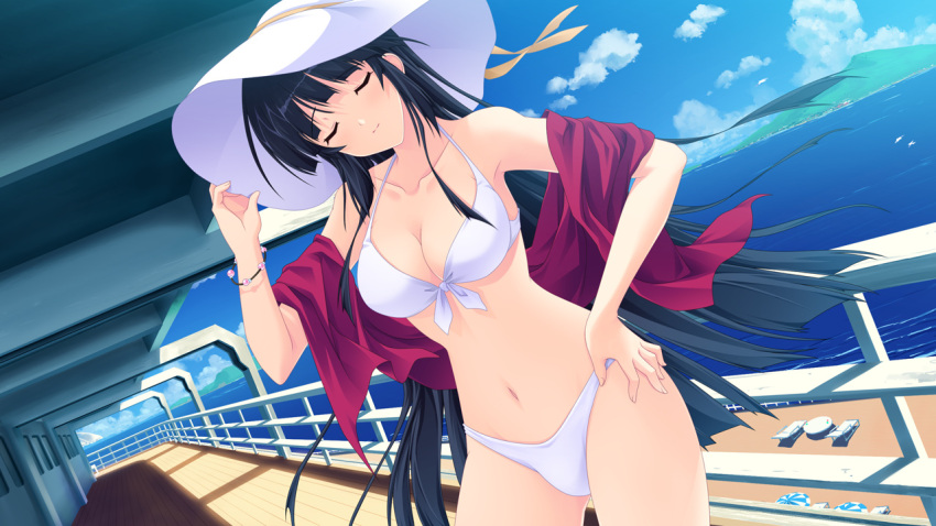 bikini black_hair bracelet breasts closed_eyes day dutch_angle female hand_on_own_hip hat jewelry kimi_wo_aogi_otome_wa_hime_ni long_hair medium_breasts navel ocean outdoors sash satou_satoru ship solo swimsuit takamine_kana water watercraft white_bikini