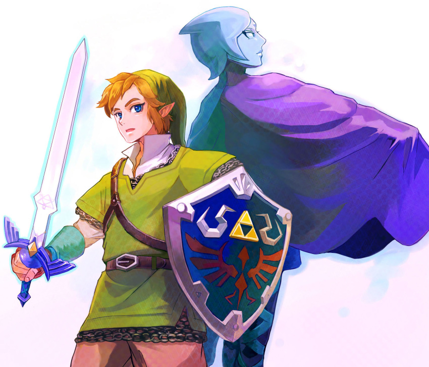 1boy back-to-back belt blonde_hair blue_eyes blue_hair cape commentary_request female fi_(zelda) gloves hat highres hylian_shield link master_sword pantyhose photoshop_(medium) pointy_ears shield sword the_legend_of_zelda the_legend_of_zelda:_skyward_sword tsurugi weapon