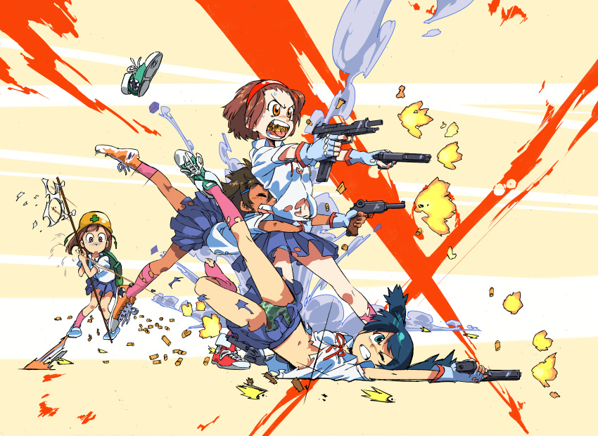 4girls action backpack bag blue_hair brown_hair cocking_gun commentary_request dual_wielding duplicate extended_magazine fingerless_gloves firing flag gloves gun handgun helmet highres holding hug legs midriff multiple_girls muzzle_flash original panties pixel-perfect_duplicate school_uniform serafuku shell_casing shoes short_hair single_shoe skirt smoke sotetsu torn_clothes underwear upskirt weapon white_flag wince