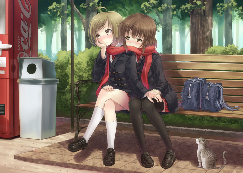 2girls ahoge bag bench black_legwear blush brown_eyes brown_hair coat coca-cola commentary_request crossed_legs day feline head_rest holding_hands hyuuga_azuri loafers multiple_girls original outdoors panties plaid plaid_skirt pleated_skirt red_scarf scarf school_bag school_uniform shared_clothes shared_scarf shoes sitting skirt socks thighhighs trash_can tree underwear vending_machine white_legwear yuri zettai_ryouiki