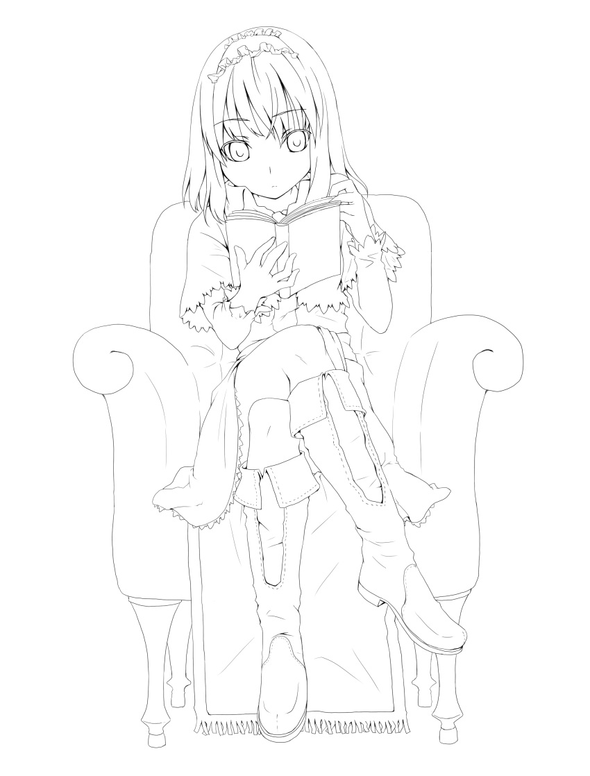 absurdres alice_margatroid book commentary_request crossed_legs female greyscale hairband highres line_art monochrome reading short_hair sitting solo touhou unasaka_ryou