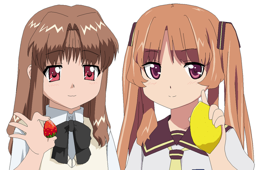 2girls ano_natsu_de_matteru blush bow brown_hair commentary_request creator_connection crossover food fruit gyess963 hair_ribbon holding holding_food holding_fruit lemon long_hair morino_ichigo multiple_girls onegai_teacher onegai_twins pun purple_eyes ribbon school_uniform serafuku smile strawberry sweater_vest tamura_yukari twintails voice_actor_connection yamano_remon