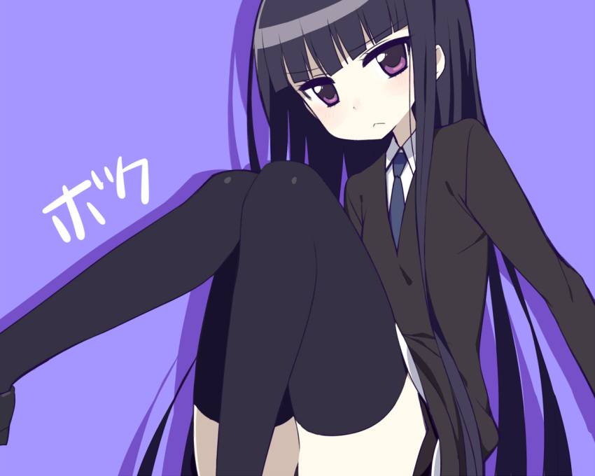 :< black_hair black_thighhighs chan_co commentary_request female inu_x_boku_ss long_hair necktie purple_eyes school_uniform shirakiin_ririchiyo sitting solo thighhighs translated