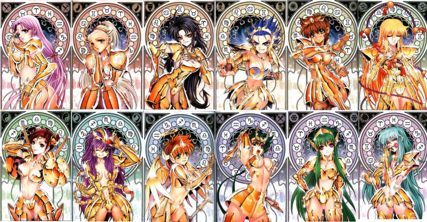 6+girls :p adapted_costume angel angel_wings aqua_hair aquarius_(symbol) aquarius_(zodiac) aquarius_camus aries_(symbol) aries_(zodiac) aries_muu armor ass beads bikini_armor black_hair blonde_hair blue_eyes blue_hair boots breasts brown_eyes cancer_(symbol) cancer_(zodiac) cancer_death_mask capricorn_(symbol) capricorn_(zodiac) capricorn_shura cleavage closed_eyes double_bun fangs fighting_stance flower future_studio_(artist) gemini_(symbol) gemini_(zodiac) gemini_saga genderswap_(mtf) gold_armor gold_saint green_eyes green_hair hair_bun halo hand_on_own_hip helm helmet highres large_breasts leo_(symbol) leo_(zodiac) leo_aiolia libra_(symbol) libra_(zodiac) libra_douko light_purple_hair long_hair magic_circle medium_breasts midriff mu_fengchun multiple_girls navel one_eye_closed pisces_(symbol) pisces_(zodiac) pisces_aphrodite pointing ponytail prayer_beads purple_hair red_eyes red_hair rose rule_63 sagittarius_(symbol) sagittarius_(zodiac) sagittarius_aioros saint_seiya scorpio_(symbol) scorpio_(zodiac) scorpio_milo scorpion shield shiny short_hair sitting smile spiked_hair tail taurus_(symbol) taurus_(zodiac) taurus_aldebaran tears thigh_boots thighhighs tongue tongue_out very_long_hair virgo_(symbol) virgo_(zodiac) virgo_shaka weapon wings zodiac zodiac_wheel