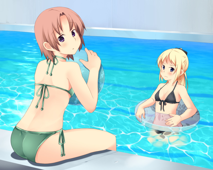 2girls bad_id bad_pixiv_id ball beachball bikini blonde_hair blue_eyes brown_hair caustics frown green_bikini highres innertube long_hair multiple_girls original photoshop_(medium) ponytail pool poolside purple_eyes rasukaru_(a_tale_of_a_cat) refraction short_hair swim_ring swimsuit water