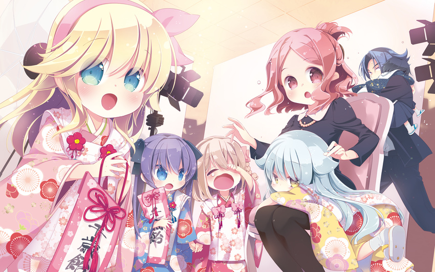 aqua_eyes black_hair blonde_hair blue_eyes blue_hair blush crying dress group headband japanese_clothes kimono long_hair male mamiya-kunchi_no_itsutsugo_jijou mamiya_haruna mamiya_kojiro mamiya_moeri mamiya_nekoto mamiya_ryouta mamiya_tamane mamiya_yakumo mitaonsya pantyhose purple_hair red_eyes red_hair short_hair socks suit twintails yellow_eyes