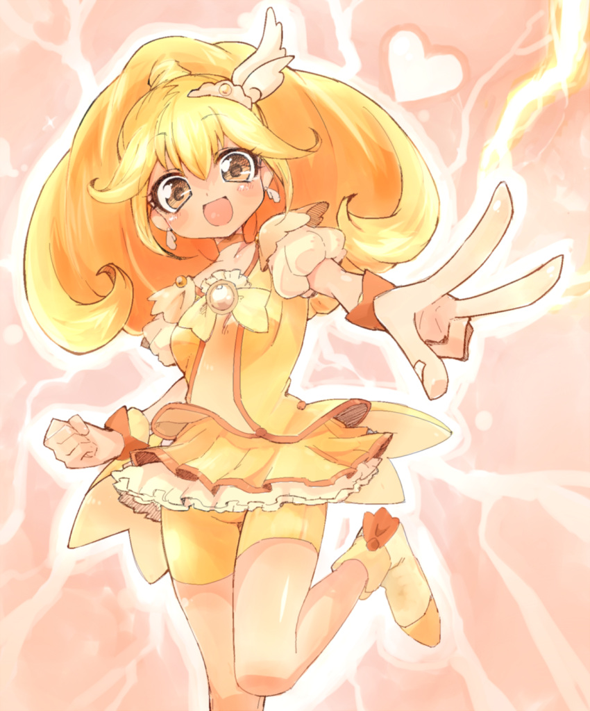 :d bike_shorts bike_shorts_under_skirt blonde_hair bow bowtie brooch choker commentary_request cure_peace eyelashes female hair_flaps hibimegane highres jewelry long_hair magical_girl open_mouth orange_bow orange_bowtie orange_choker pink_background precure shoes shorts skirt smile smile_precure solo v yayoi_kise yellow_bow yellow_eyes yellow_shorts yellow_skirt yellow_theme