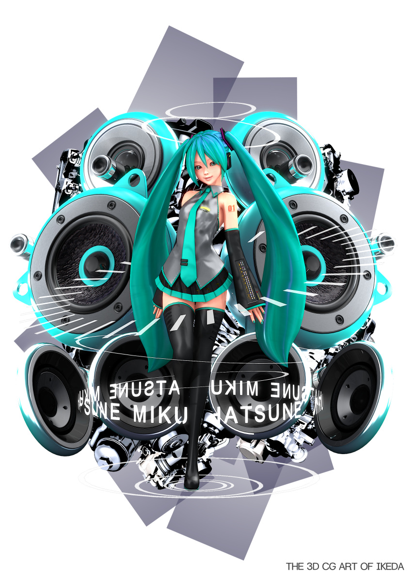 3d absurdres aqua_eyes aqua_hair bare_shoulders boots commentary_request detached_sleeves female hatsune_miku highres ikeda_(hayato) long_hair looking_at_viewer nail_polish necktie skirt smile solo speaker thigh_boots thighhighs twintails very_long_hair vocaloid zettai_ryouiki