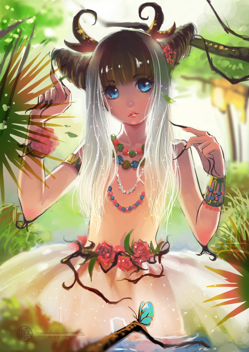 bad_id bad_pixiv_id blue_eyes chinese_commentary commentary_request female fingernails fiodo flat_chest flower grey_hair highres horns jewelry long_fingernails long_hair monster_girl necklace original photoshop_(medium) sheep_girl solo water