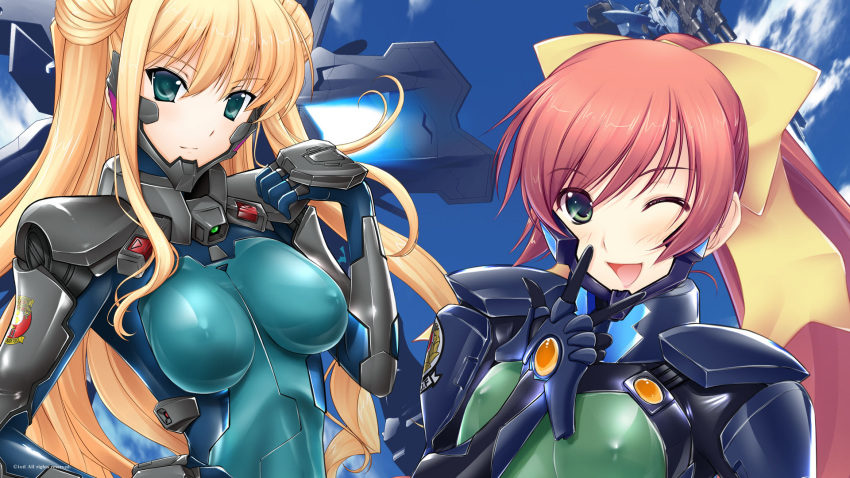 2girls blonde_hair bodysuit bow breasts breasts_apart brown_hair covered_nipples eyebrows green_eyes hairbow hand_on_own_hip highres isumi_marika lilia_kjellberg long_hair looking_at_viewer mecha medium_breasts miyata_sou multiple_girls muv-luv muv-luv_alternative muv-luv_alternative_chronicles one_eye_closed open_mouth ponytail robot tactical_surface_fighter upper_body w yellow_bow