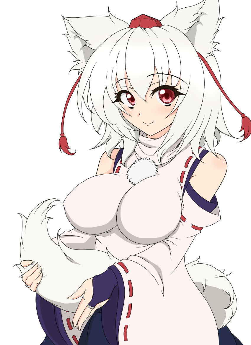 absurdres animal_ears bad_id bad_pixiv_id breasts detached_sleeves female hat highres impossible_clothes impossible_shirt inubashiri_momiji minato18 red_eyes shirt short_hair skirt smile solo tail tokin_hat touhou wolf_ears wolf_tail