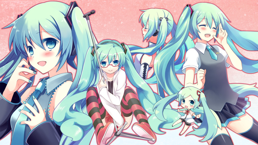 aqua_eyes aqua_hair bare_shoulders bespectacled detached_sleeves female glasses hatsune_miku highres kocchi_muite_baby_(vocaloid) long_hair looking_at_viewer microphone microphone_stand natural_(module) necktie open_mouth pantyhose project_diva project_diva_(series) project_diva_2nd project_diva_extend sekiranun_graffiti_(vocaloid) shiny_(module) skirt smile striped_clothes striped_pantyhose thighhighs tobade_(tbdfactory) twintails very_long_hair vocaloid voice_(vocaloid) zettai_ryouiki