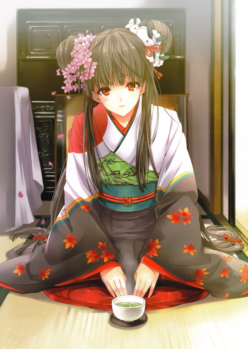 absurdres black_hair cup double_bun female flower green_tea hair_bun hair_flower hair_ornament hair_ribbon highres japanese_clothes kimono long_hair looking_at_viewer obi original red_eyes ribbon sash seiza sitting smile solo steam taira_tsukune tea twintails very_long_hair