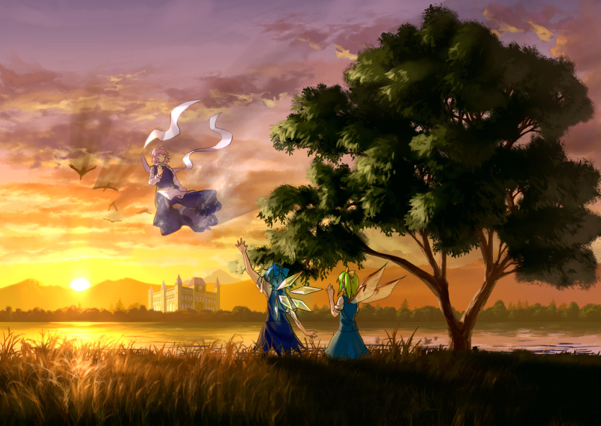 3girls bird blew_andwhite blue_hair bow breasts cirno closed_eyes cloud commentary_request daiyousei dress floating from_behind green_hair hair_ribbon hairbow hat lake letty_whiterock mountain multiple_girls outdoors outstretched_arm pink_hair ribbon scarlet_devil_mansion shawl short_hair side_ponytail sky small_breasts smile sun touhou tree twilight waving wings