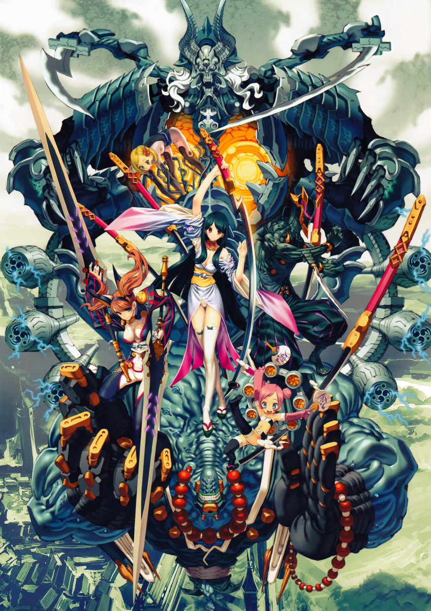 4girls absurdres armor bare_shoulders black_hair black_legwear blonde_hair blue_eyes breasts brown_hair cleavage double_bun elbow_gloves gloves grin hair_bun hair_ornament hairclip helmet highres horns itou_ben japanese_clothes jewelry kimono large_breasts legs long_hair mecha multiple_girls muscular necklace obi open_mouth original panties pink_hair red_eyes robot samurai sandals sash short_hair smile sword thighhighs twintails underwear very_long_hair weapon white_hair white_legwear white_panties