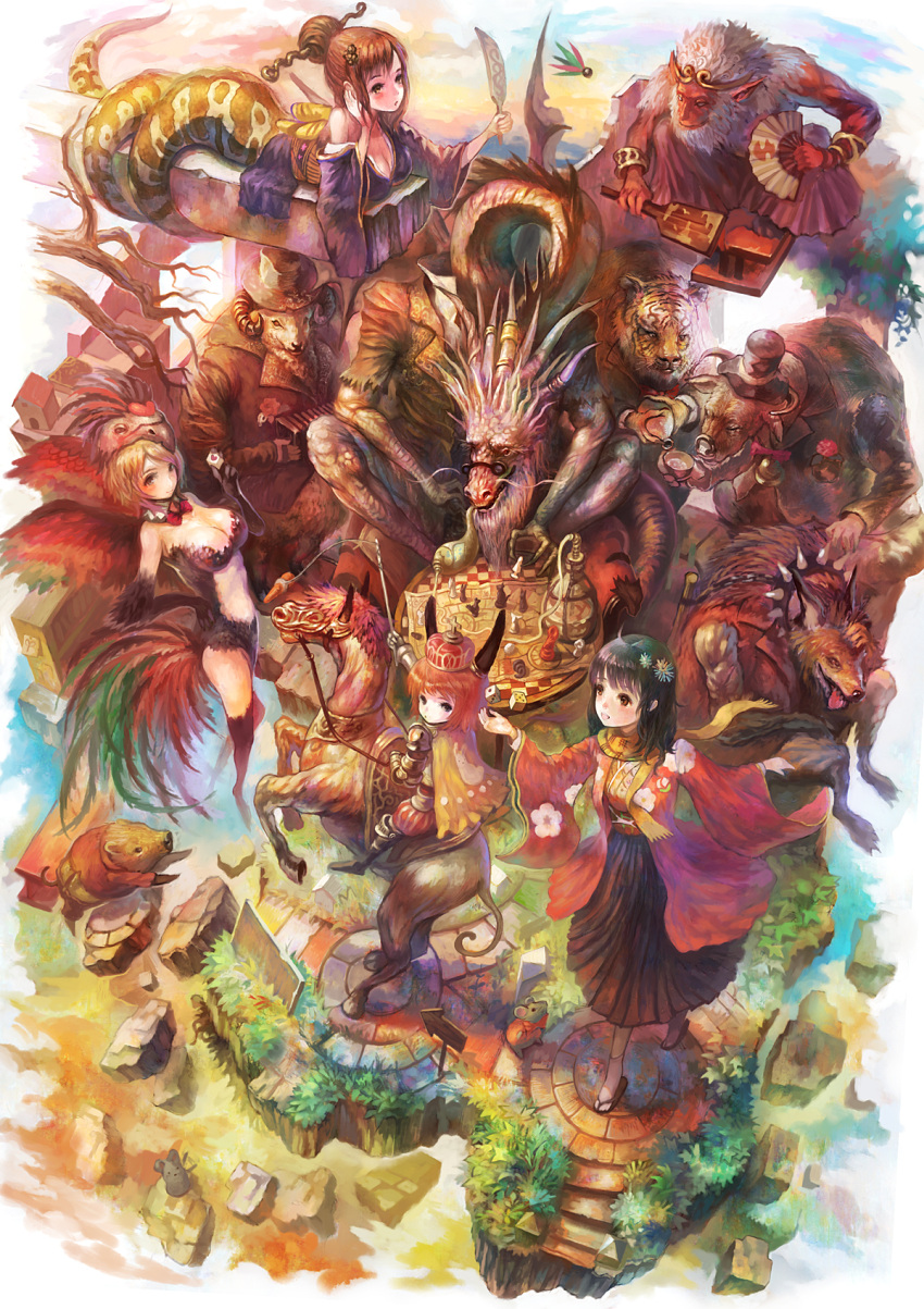 4girls animal_ears arrow_(symbol) bad_id bad_pixiv_id boar bull carrot chess_piece chinese_zodiac circlet coiled concertina crown dice dragon fantasy folding_fan goat hagoita hand_fan hanetsuki highres horse horseback_riding instrument lamia monkey monster_girl mouse_(animal) multiple_girls original paddle perspective photoshop_(medium) rabbit_ears riding sandals tiger yoshiku_(oden-usagi)