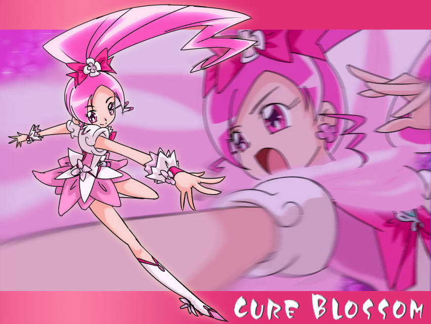 boots bow character_name commentary_request cure_blossom eyelashes female fuchi_minoru full_body hanasaki_tsubomi heartcatch_precure! high_ponytail knee_boots long_hair magical_girl multiple_views open_mouth outstretched_hand pink_background pink_bow pink_eyes pink_hair pink_theme ponytail precure puffy_sleeves skirt smile wide_ponytail wrist_cuffs