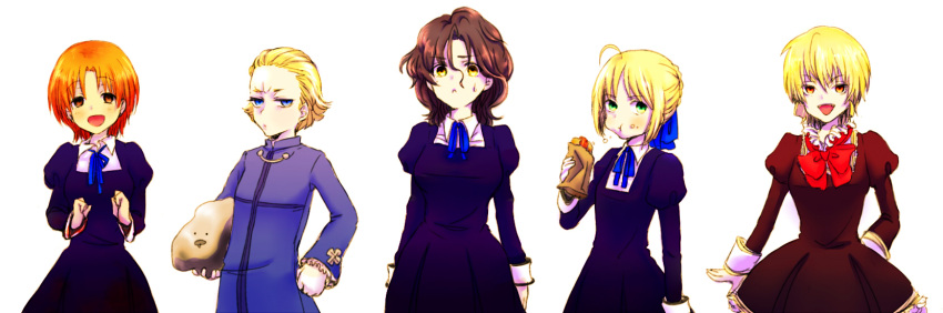 5girls ahoge artoria_pendragon_(fate) bad_id bad_pixiv_id black_hair blonde_hair blue_eyes brown_hair diarmuid_ua_duibhne_(lancer)_(fate) dress fate/zero fate_(series) genderswap_(mtf) gilgamesh_(fate) green_eyes highres kayneth_el-melloi_archibald mercury_(element) mole multiple_girls ootokage_(big-lezard07) orange_hair puffy_sleeves red_eyes rule_63 saber_(fate) uryuu_ryuunosuke volumen_hydragyrum_(fate) yellow_eyes