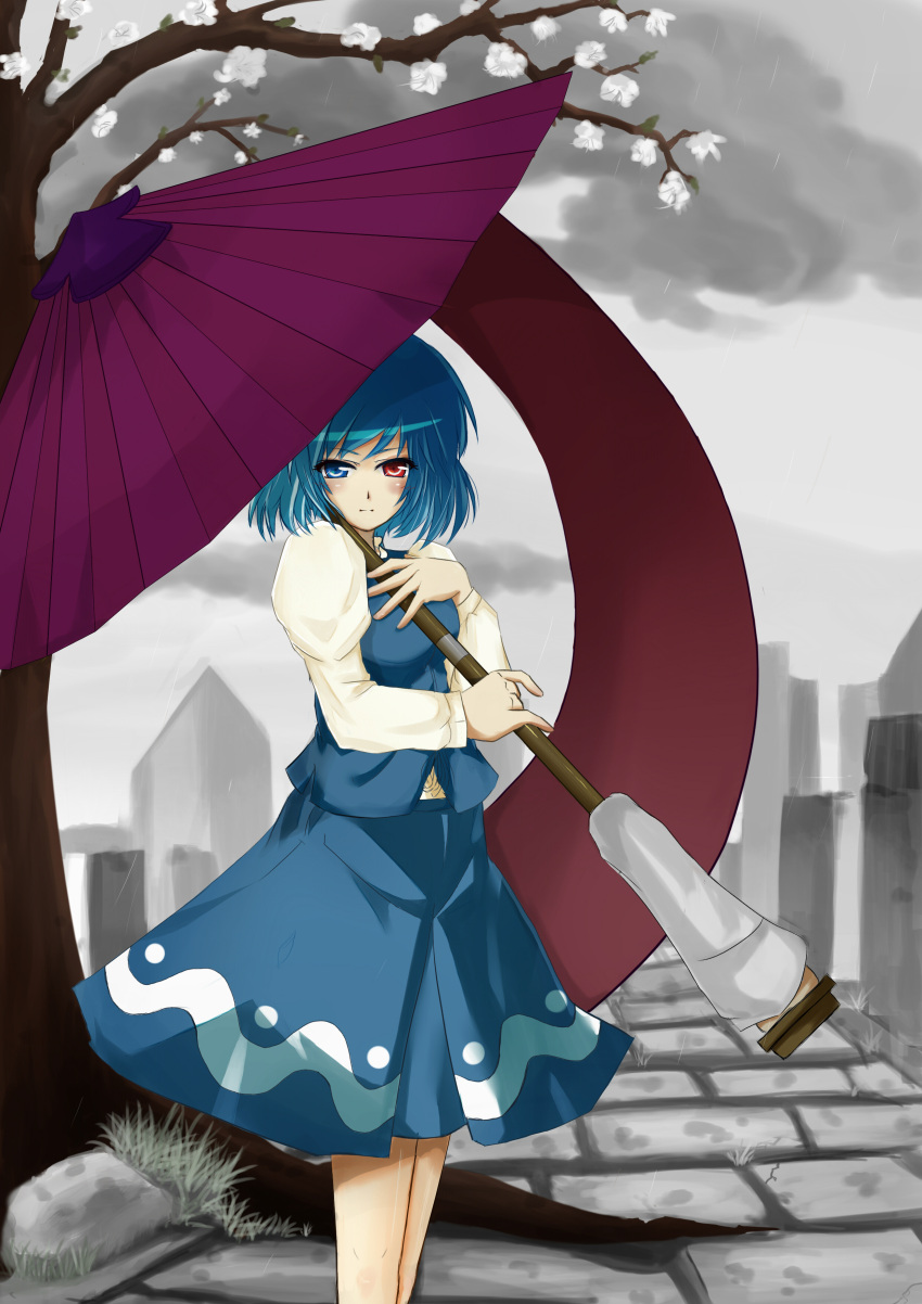 absurdres blue_eyes blue_hair blush breasts commentary_request female grave graveyard heterochromia highres karakasa_obake kokoto_hero medium_breasts purple_umbrella rain red_eyes short_hair skirt smile solo tatara_kogasa tongue touhou tree umbrella